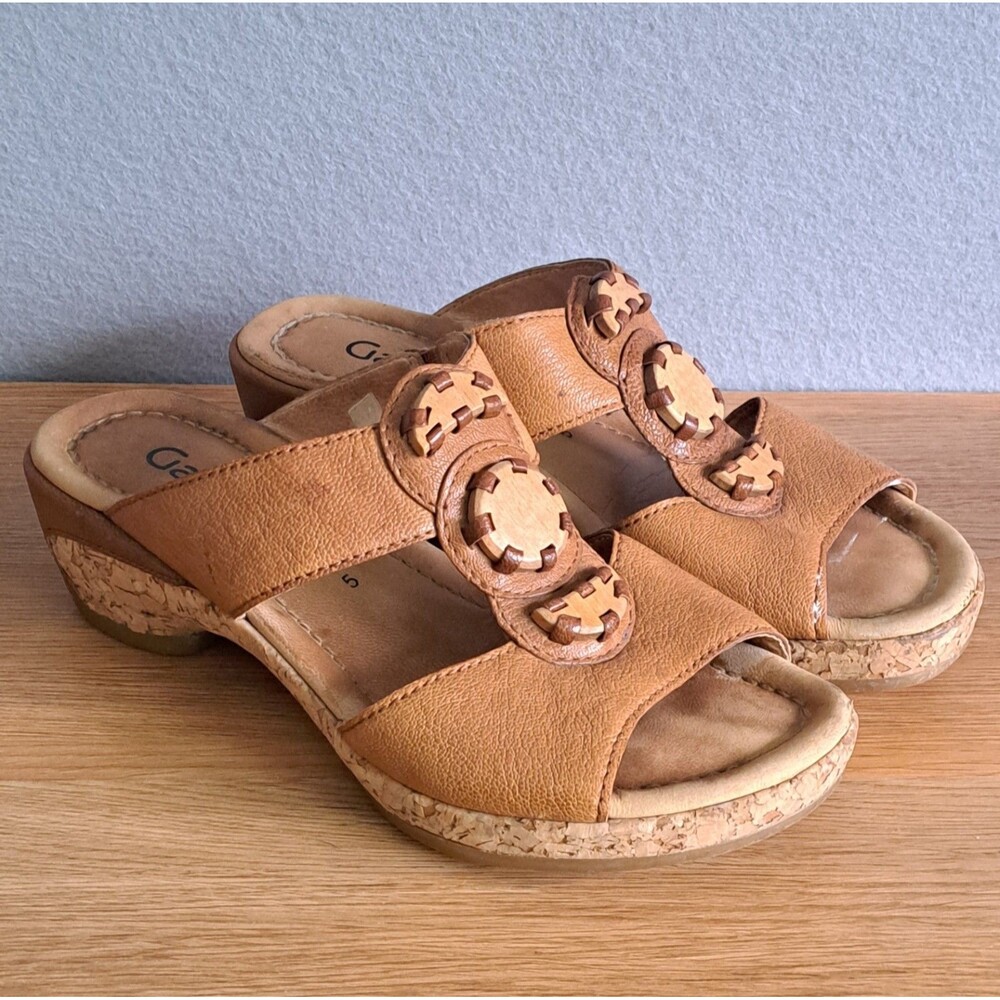 Gabor Wedge Sandals Womens US 7.5 UK 5 Beige Leather Mules Wood Cork Wedge Shoes